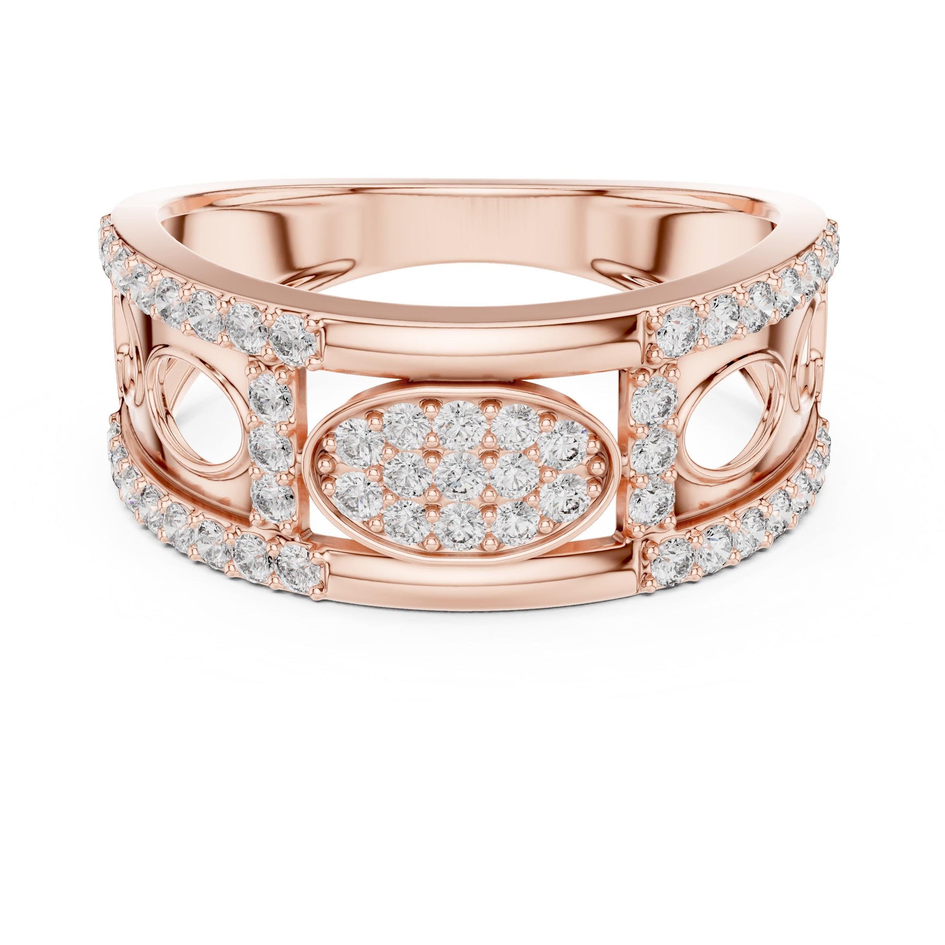 Riora wide CZ eternity band in gold rose silver with sparkling cubic zirconia stones, hypoallergenic statement ring.