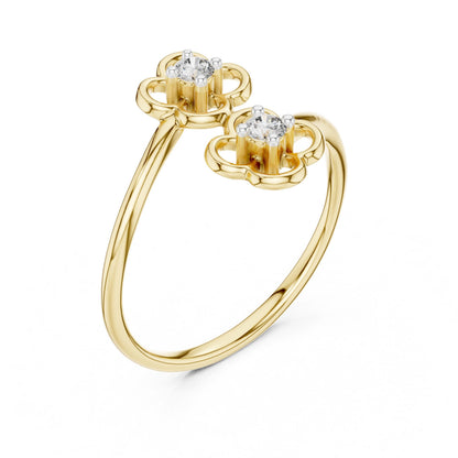 Riora moissanite double flower ring with open floral design, rose gold band, minimalist stackable jewelry, adjustable fit