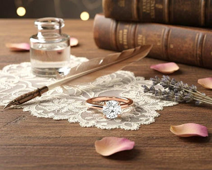 Riora minimalist moissanite diamond solitaire wedding ring with a thin gold band, dainty and stackable jewelry for special occasions