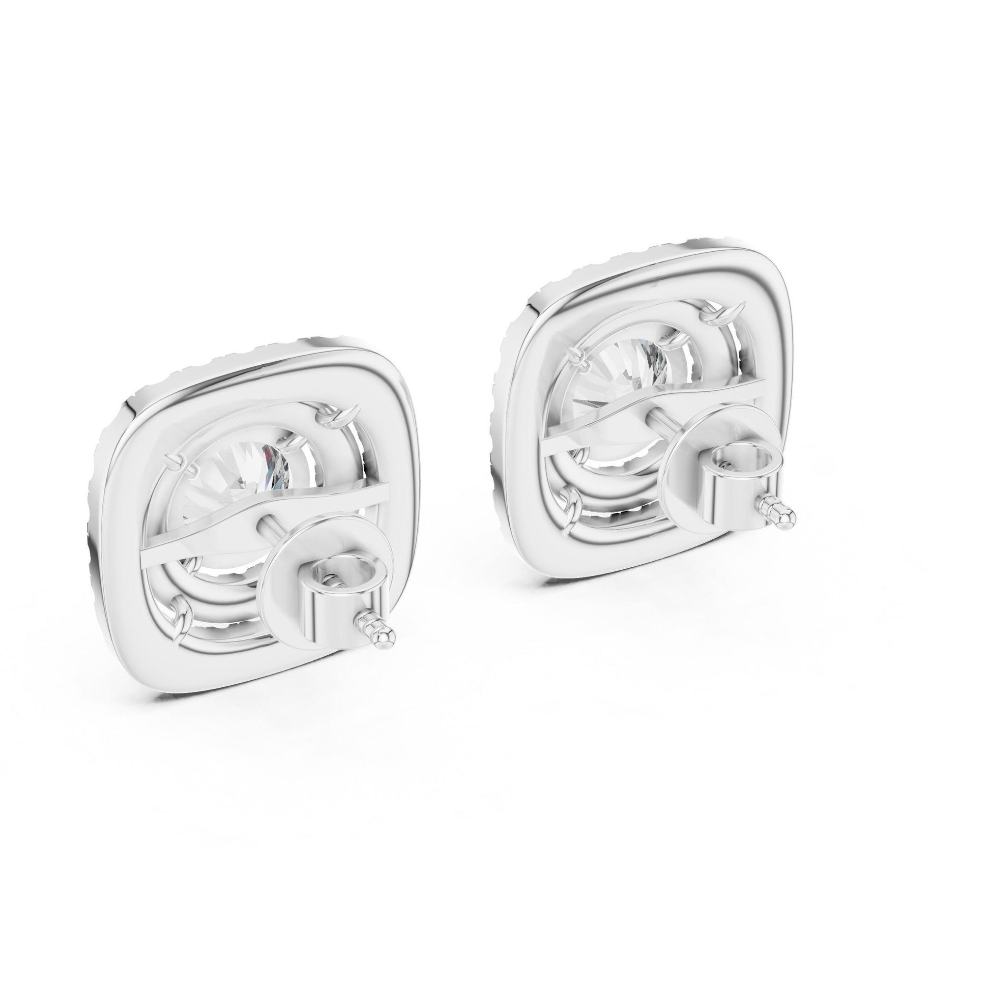 Rose gold moissanite diamond stud earrings with cushion halo design by Riora, minimalist jewelry perfect for special occasions.