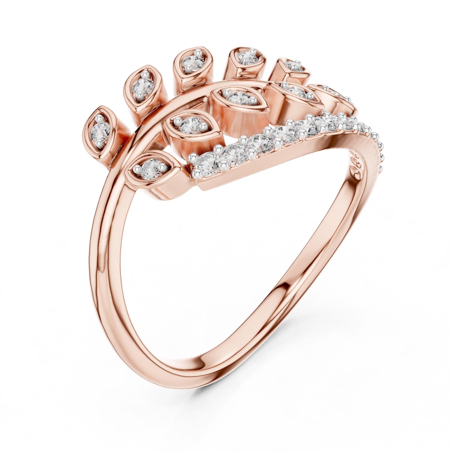 Riora moissanite leaf wrap ring with gold and silver open band, nature-inspired botanical design, elegant engagement jewelry
