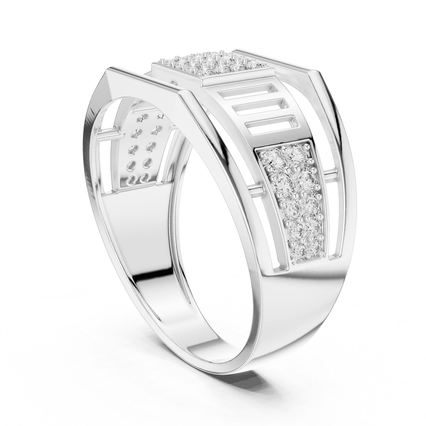 Men's gold and silver CZ statement ring with a wide band, hypoallergenic fashion jewelry by Riora, featuring intricate design details.