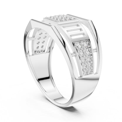 Men's gold and silver CZ statement ring with a wide band, hypoallergenic fashion jewelry by Riora, featuring intricate design details.