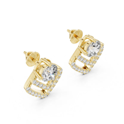 Gold and rose gold geometric moissanite diamond stud earrings featuring minimalist triangle design by Riora.