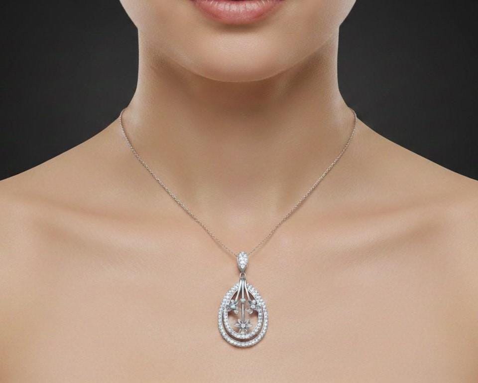 Moissanite Teardrop Pendant Necklace, Floral Diamond Look Charm in Gold Rose Gold Silver Gift