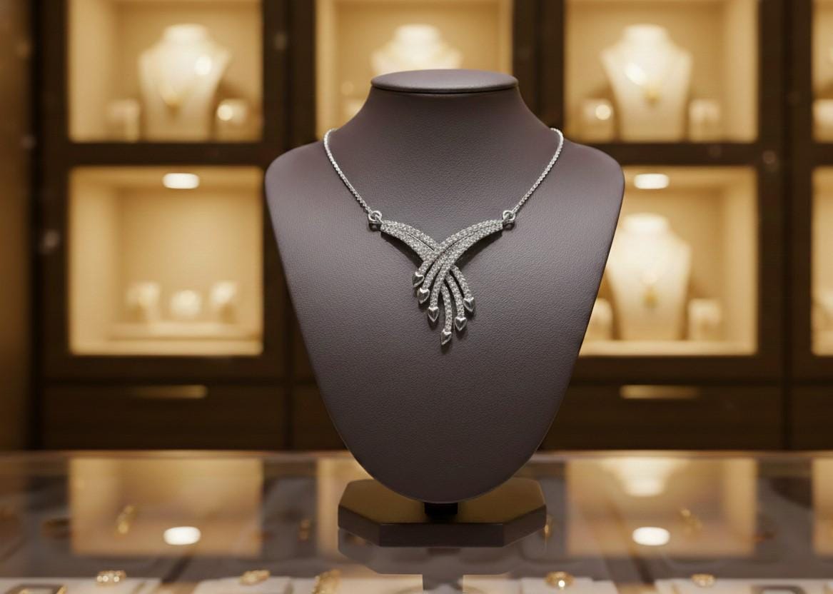 Rose gold moissanite heart drop necklace by Riora, dainty bridal jewelry with romantic appeal, perfect for special occasions.