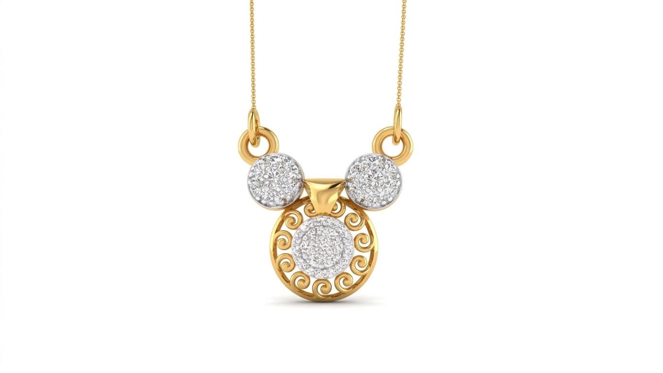 Riora moissanite circle pendant with Mickey-inspired design in rose gold, dainty luxury jewelry for women.