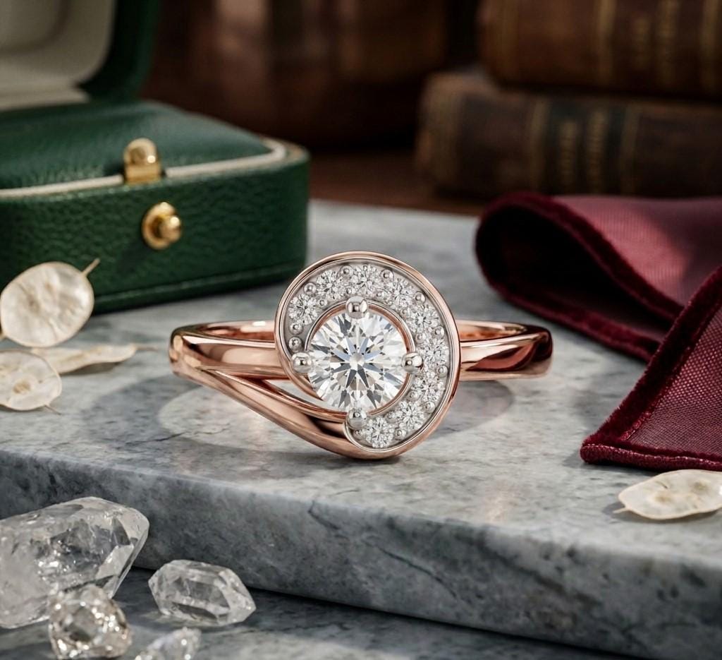 Riora moissanite diamond engagement band with swirl design, vintage style wedding ring for bride, bridal gift, feminine and elegant.