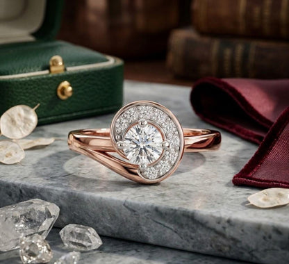 Riora moissanite diamond engagement band with swirl design, vintage style wedding ring for bride, bridal gift, feminine and elegant.