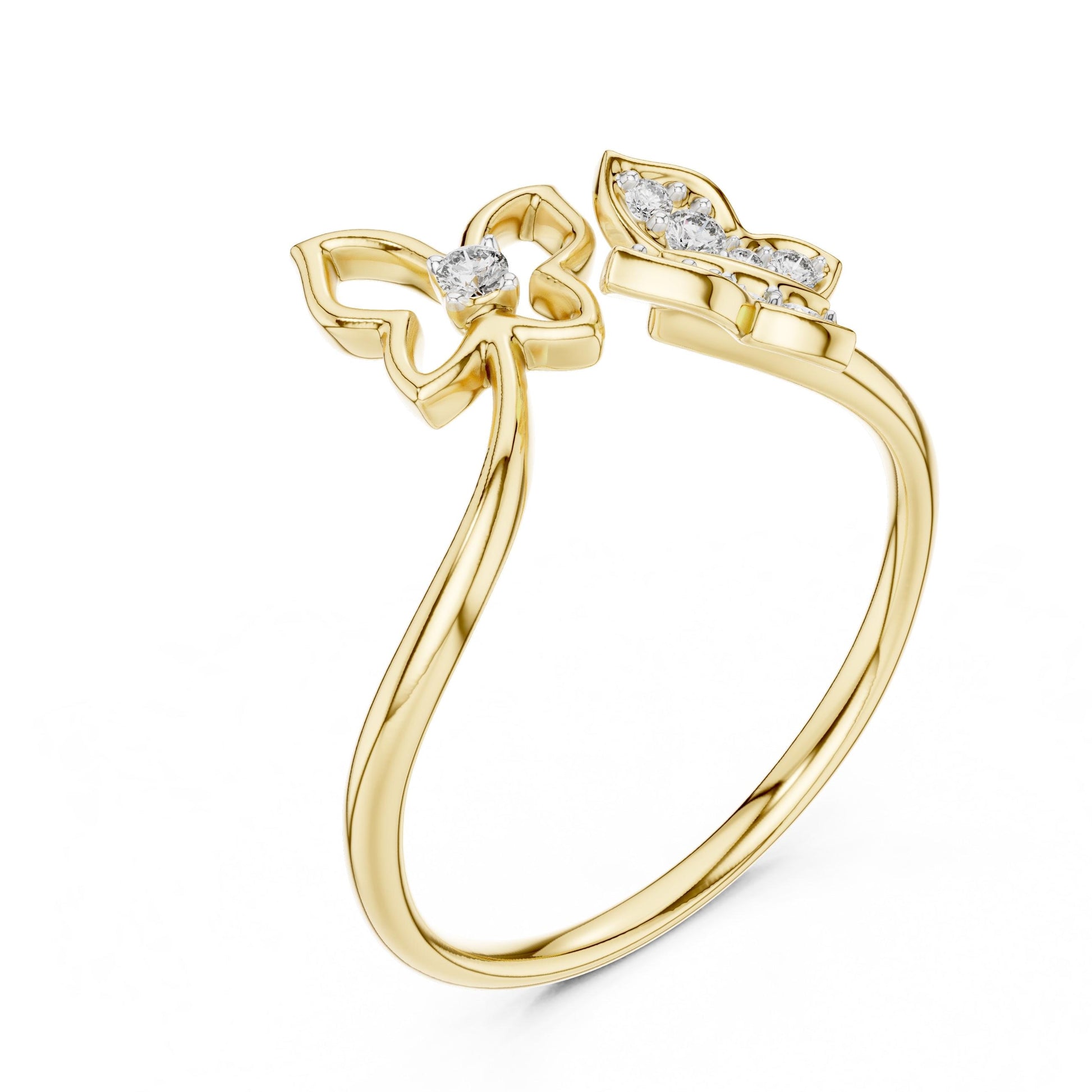 Riora moissanite butterfly ring with adjustable rose gold band, minimalist nature-inspired promise jewelry.
