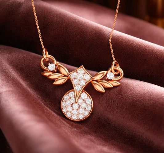 Riora rose gold moissanite leaf pendant necklace with dainty diamond-like sparkle, perfect for bridal jewelry or gift-giving