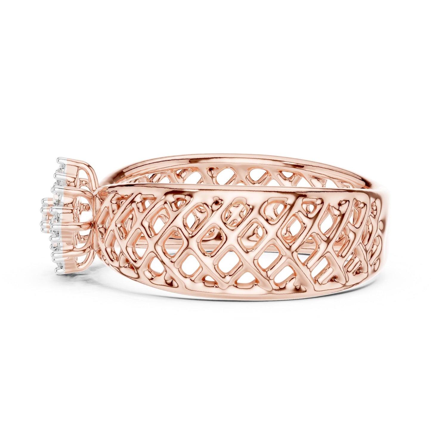 Riora vintage moissanite cluster engagement ring with floral lattice band in rose gold and silver, showcasing intricate diamond-style design.