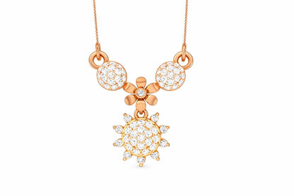 Riora moissanite floral sunburst necklace in gold, rose gold, and silver with dainty bridal jewelry pendant for women.