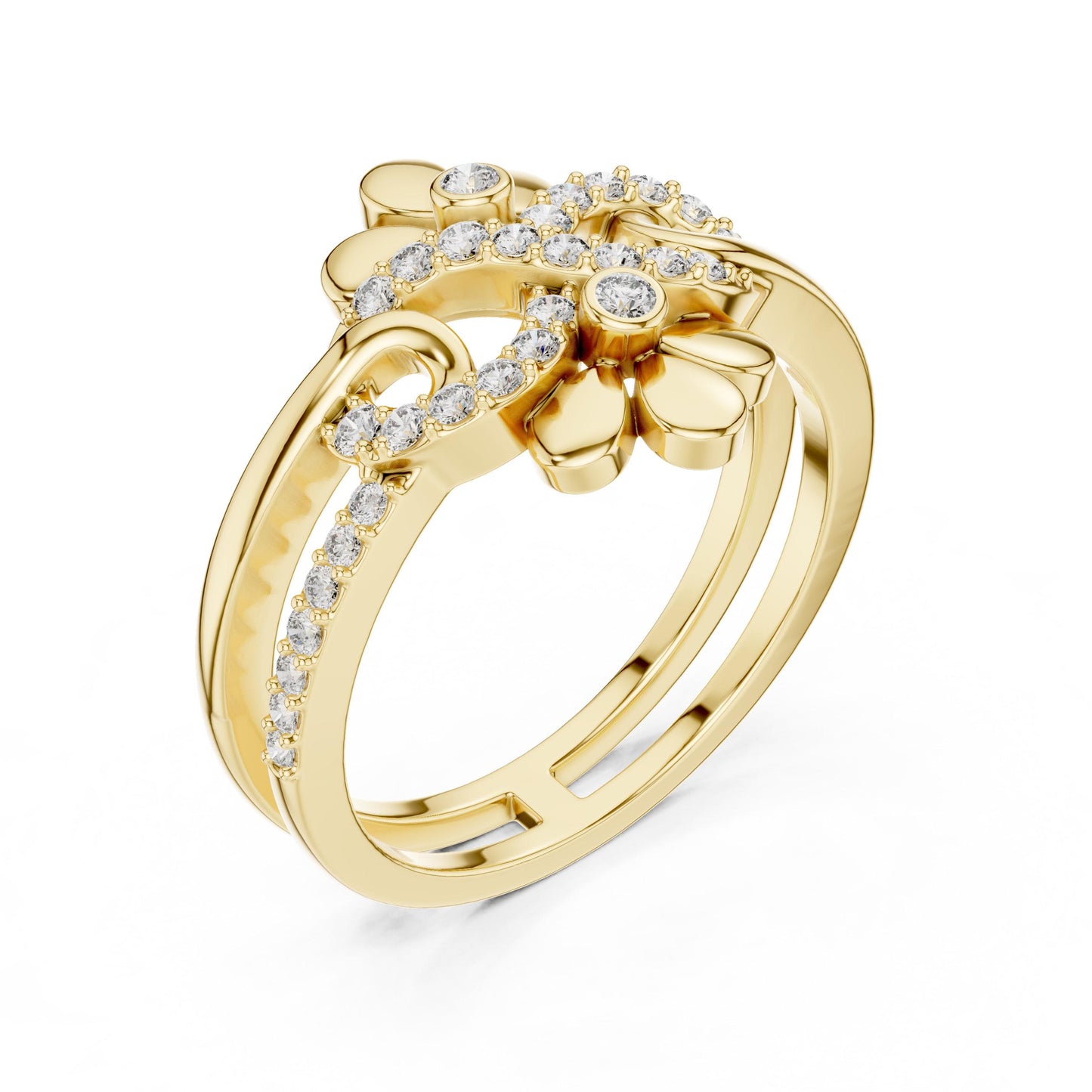 Riora luxury floral moissanite diamond engagement ring with vintage, nature-inspired design and unique wedding promise band.