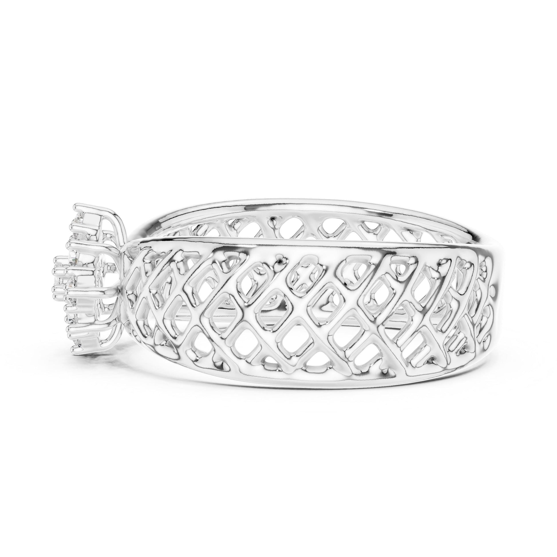 Riora vintage moissanite cluster engagement ring with floral design, lattice band, rose gold and silver finish, detailed diamond style ring