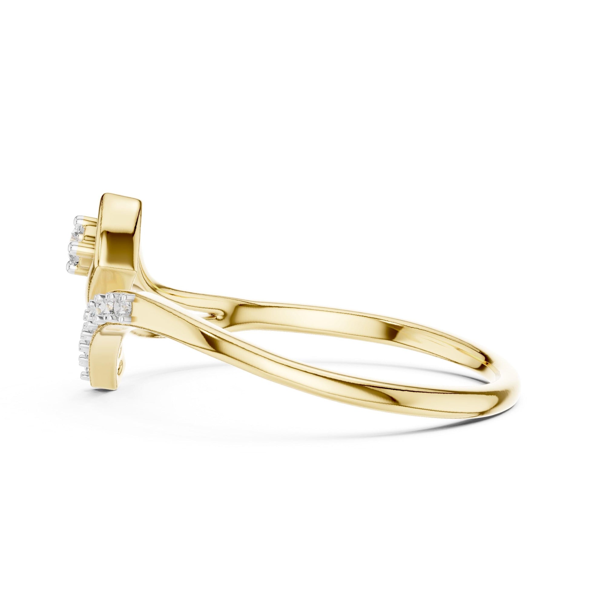 Silver and gold moissanite wave ring with curved, minimalist open wrap design featuring diamond-style accents by Riora.