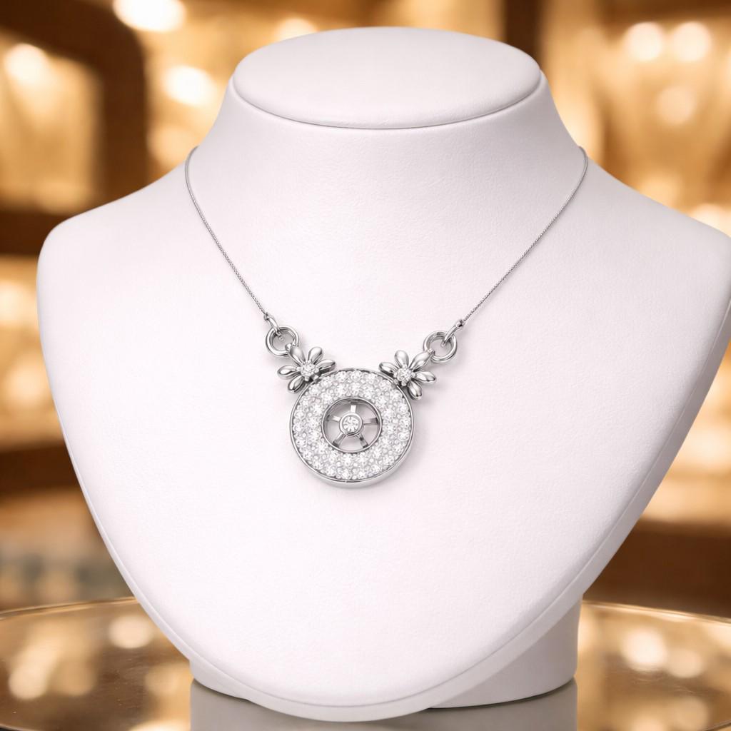 Riora moissanite halo pendant necklace with floral design, rose gold circle charm, elegant bridal jewelry.