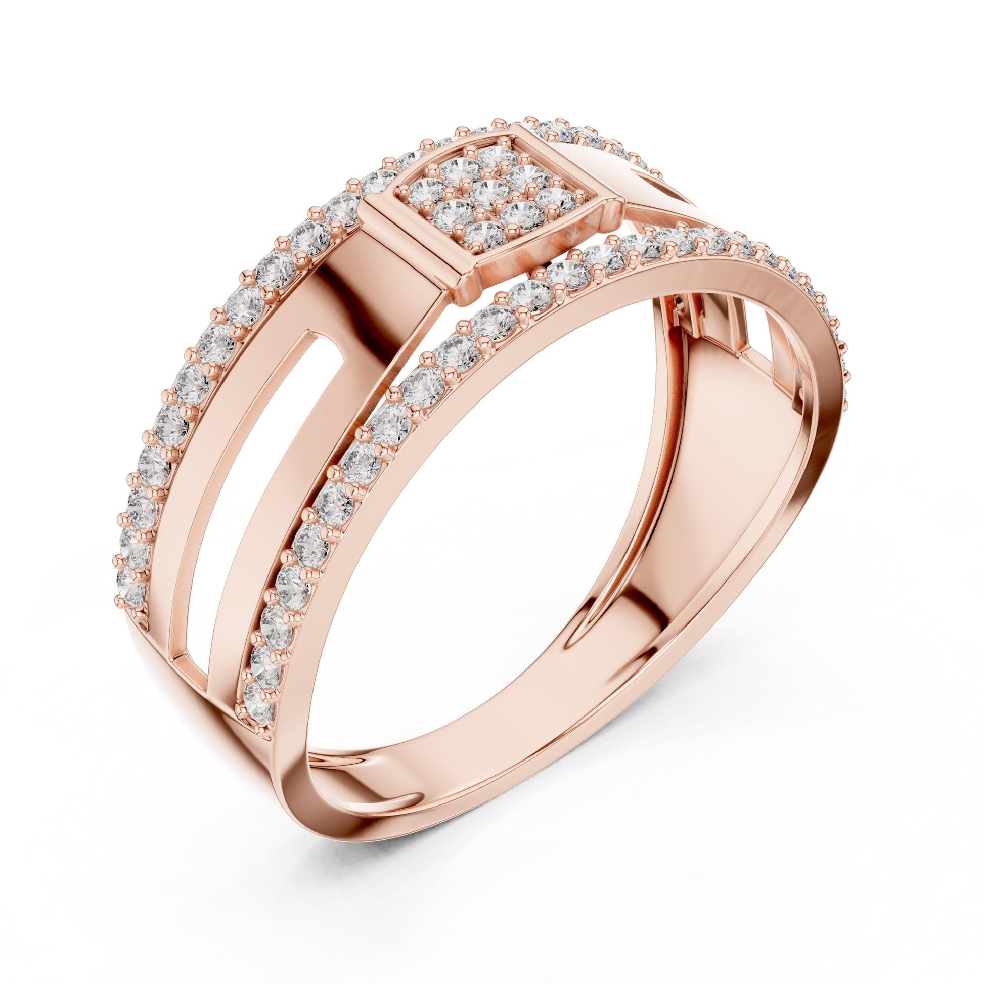 Riora luxury CZ double row wide band ring in rose silver with sparkling stones, hypoallergenic anniversary and promise jewelry