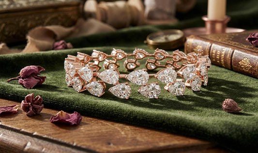 Riora pear cut moissanite diamond tennis bracelet in rose gold, dainty bridal wedding jewelry with luxurious sparkle.