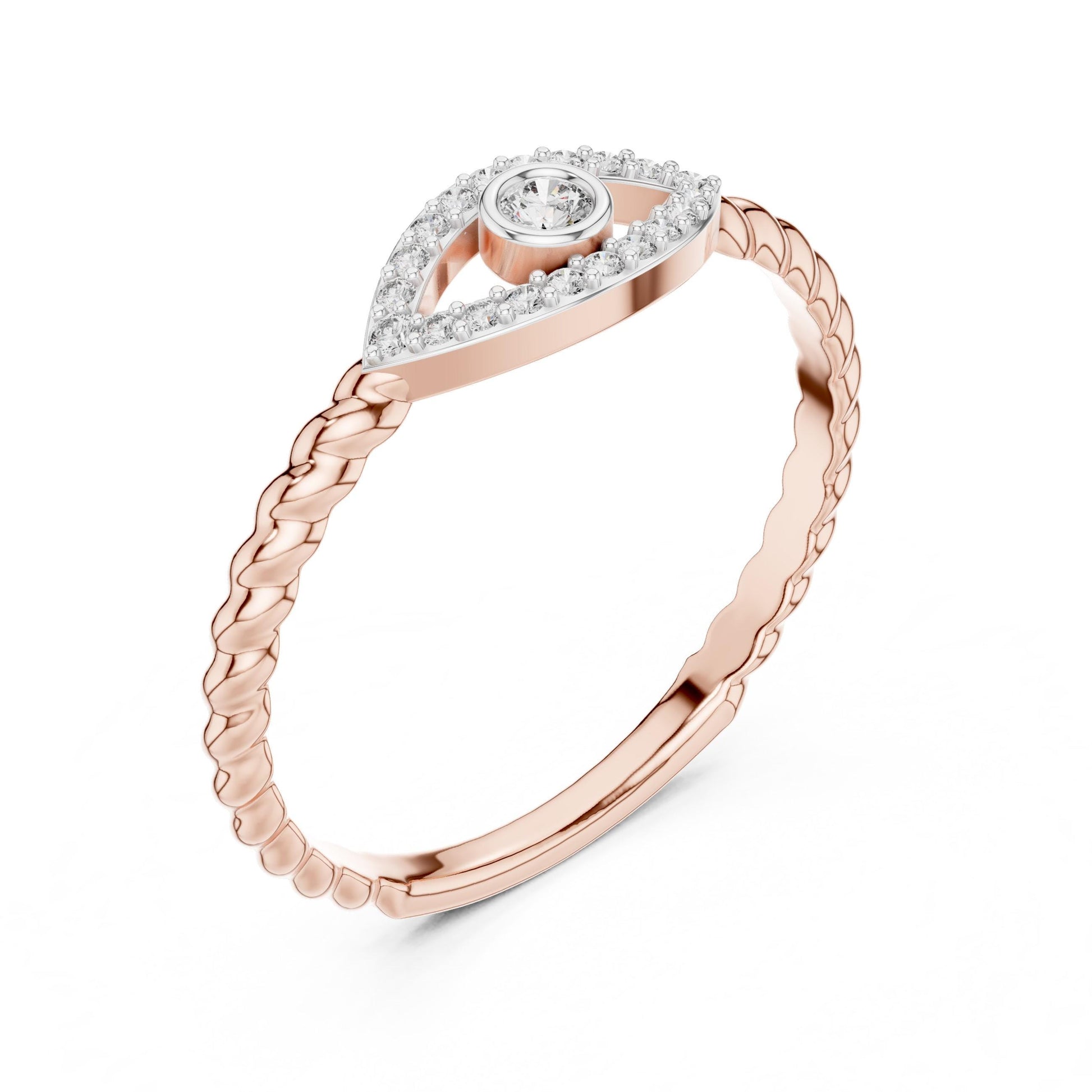 Rose gold evil eye moissanite ring featuring a dainty diamond band, minimalist eye jewelry, perfect for stacking.