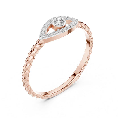 Rose gold evil eye moissanite ring featuring a dainty diamond band, minimalist eye jewelry, perfect for stacking.