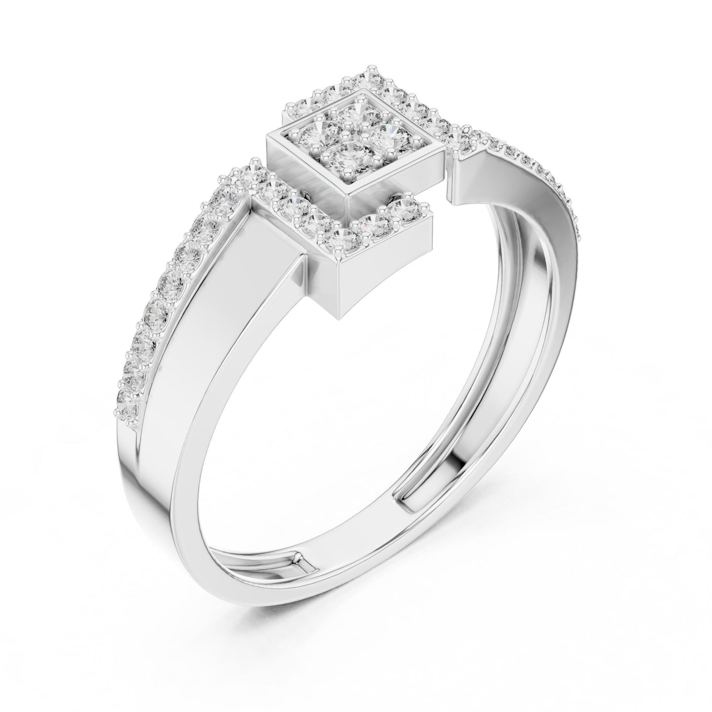 Gold and silver minimalist moissanite geometric ring with dainty design, modern jewelry style, suitable for engagement or promise.