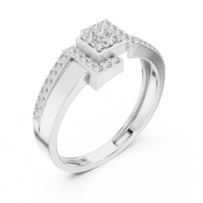 Gold and silver minimalist moissanite geometric ring with dainty design, modern jewelry style, suitable for engagement or promise.