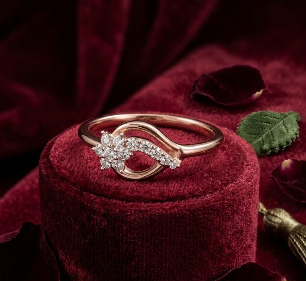 Riora moissanite flower infinity ring with floral design, romantic wedding jewelry in delicate rose gold featuring a bridal-inspired style.