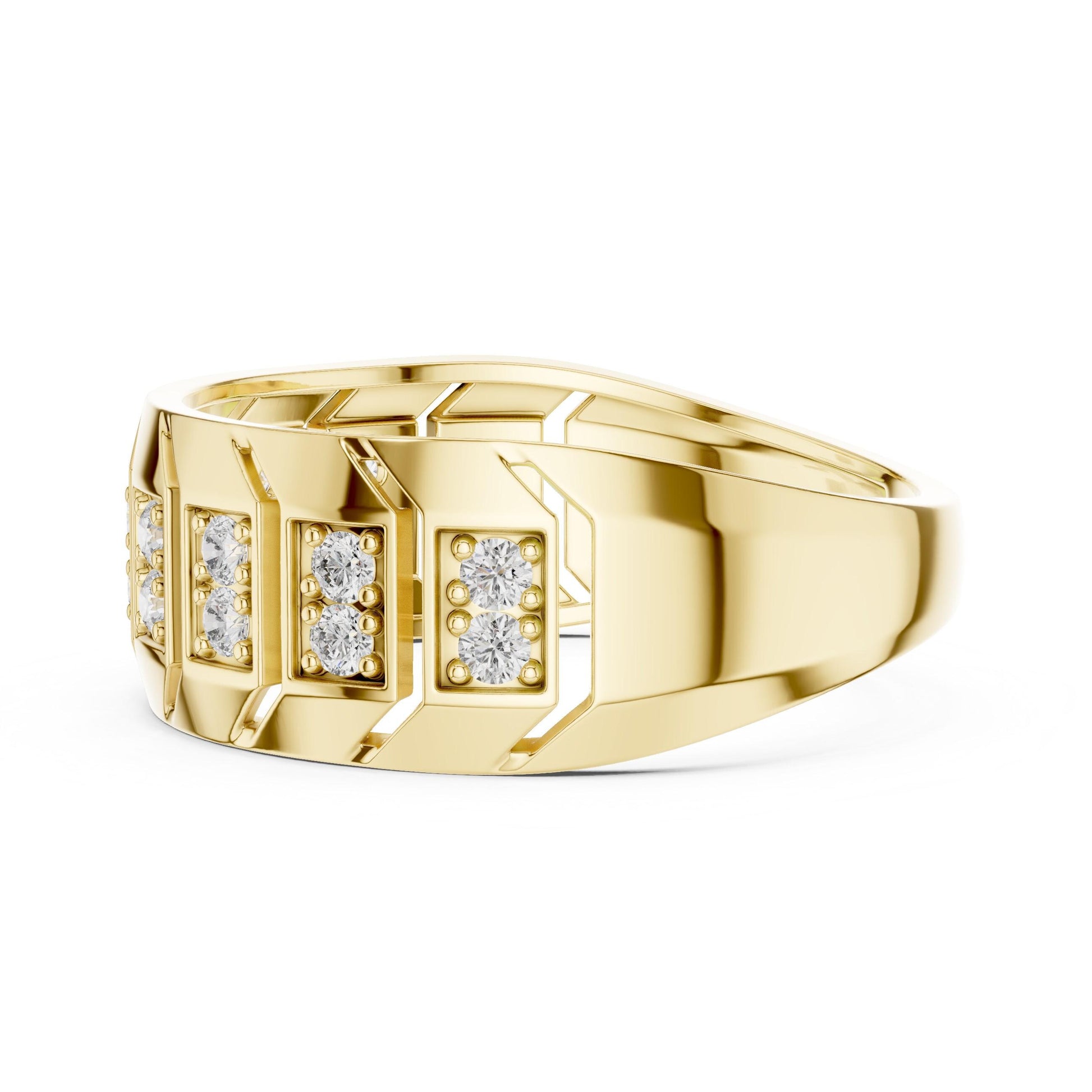 Gold rose hypoallergenic geometric band ring with chunky CZ stones, modern design, suitable for wedding or anniversary gift by Riora