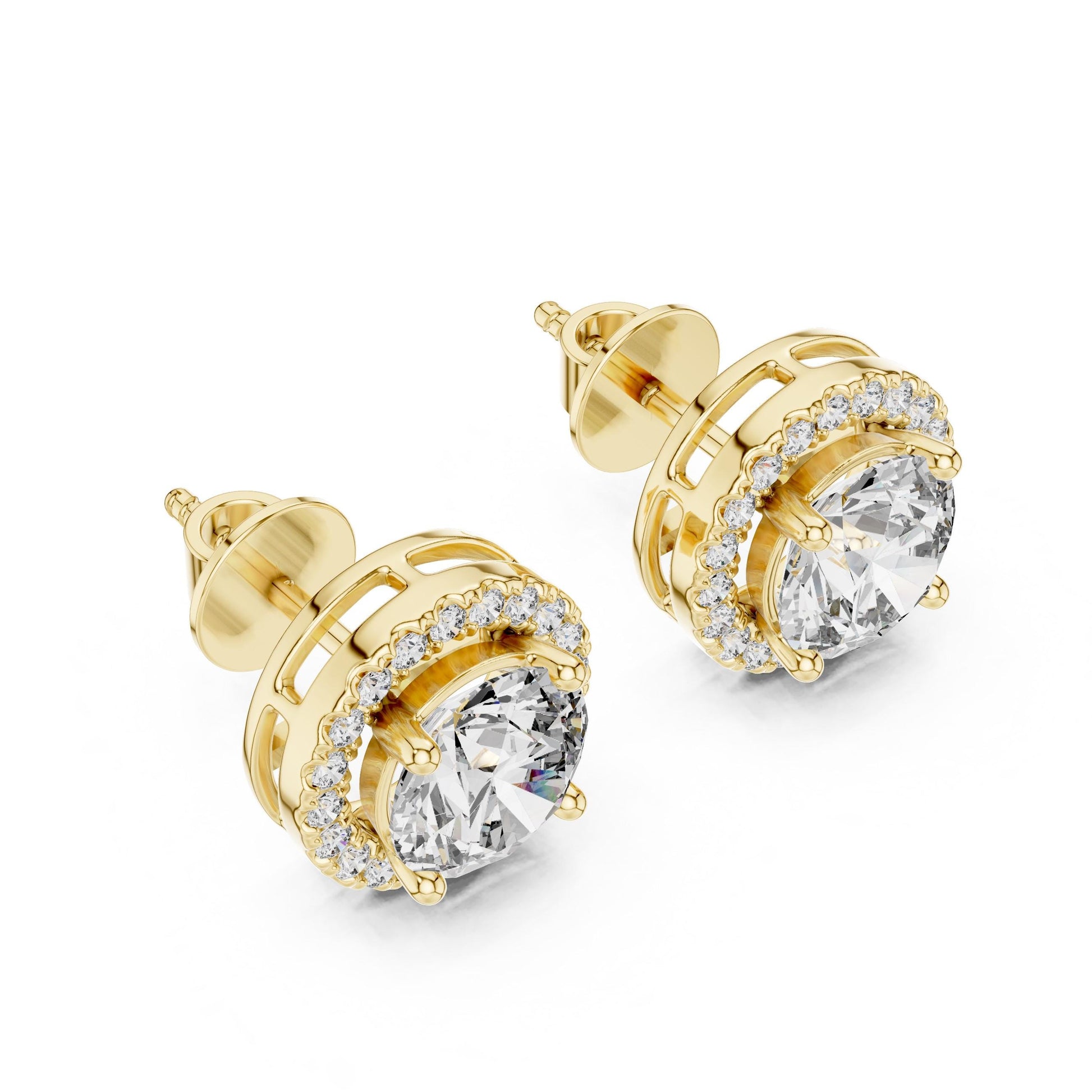 Riora Halo Moissanite diamond stud earrings in gold, rose, and silver with minimalist bridal jewelry design.