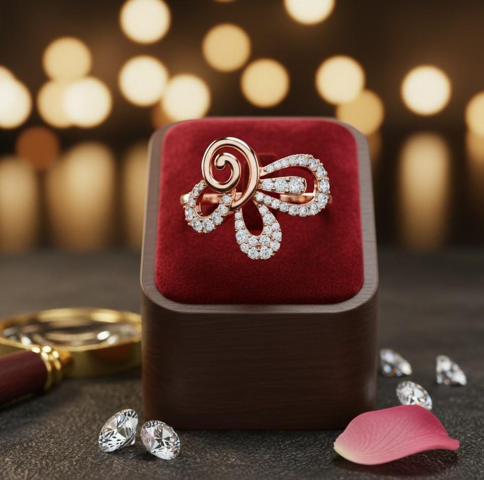 Riora elegant gold promise ring with a bow knot design and moissanite diamonds, minimalist bridal jewelry for special occasions