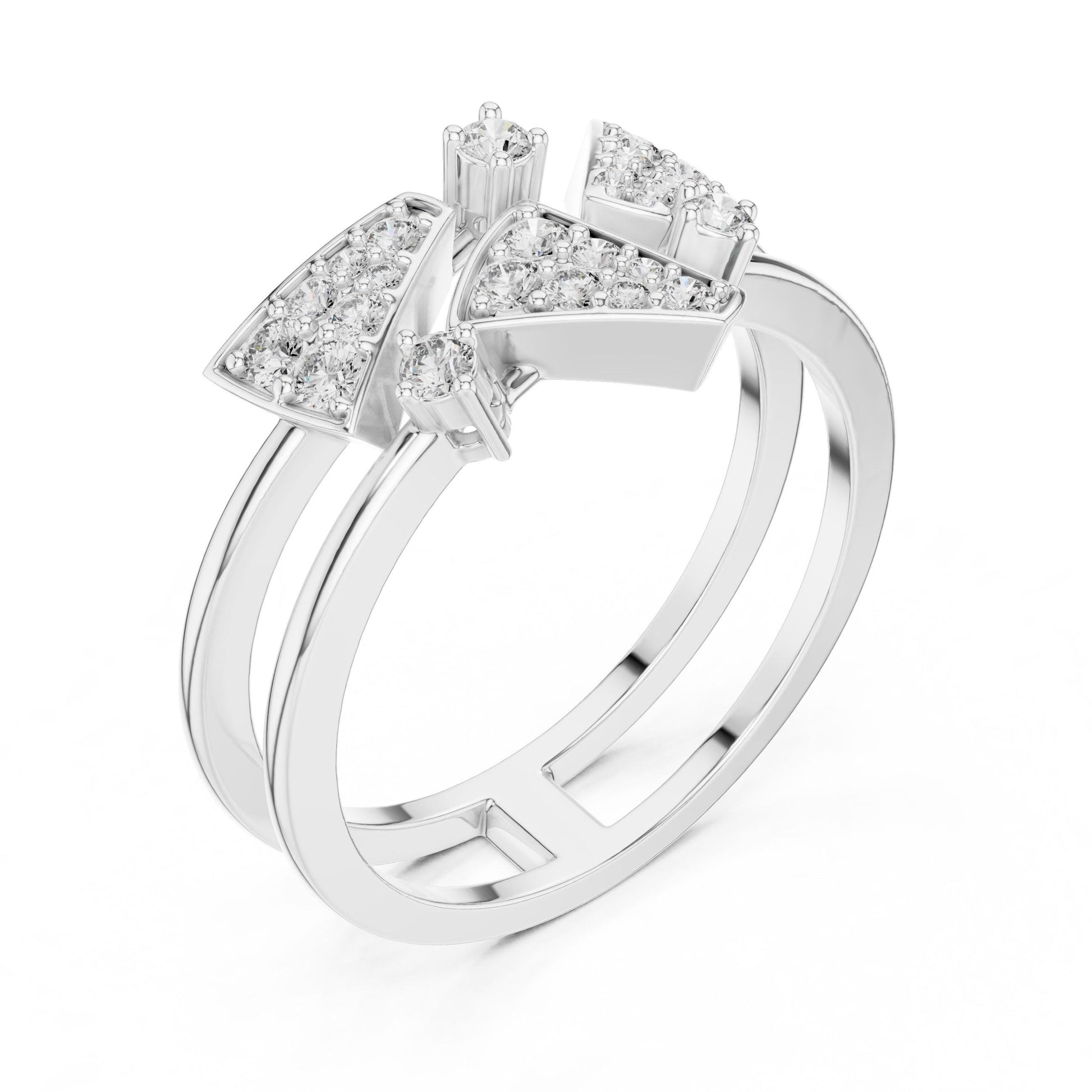 Rose gold geometric moissanite diamond statement ring for women, featuring bold modern designer jewelry by Riora.