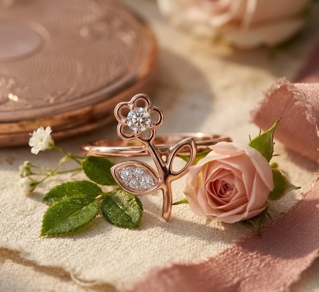 Riora moissanite flower ring with floral design in rose gold, featuring a minimalist botanical style for engagement or promise jewelry.