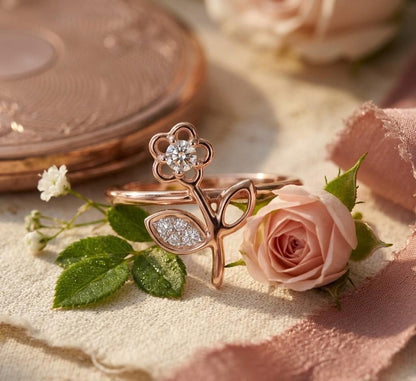 Riora moissanite flower ring with floral design in rose gold, featuring a minimalist botanical style for engagement or promise jewelry.