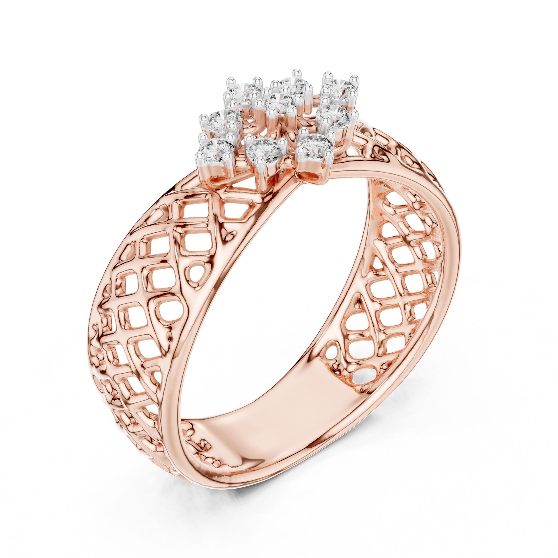 Riora vintage moissanite cluster engagement ring with floral lattice design in rose gold and silver, featuring diamond-style accents.
