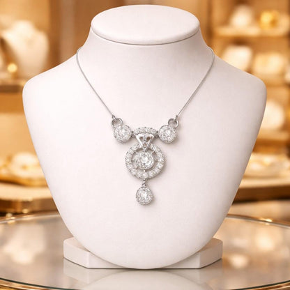 Riora moissanite halo drop necklace with gold, rose gold, and silver options featuring a diamond-look pendant for wedding jewelry