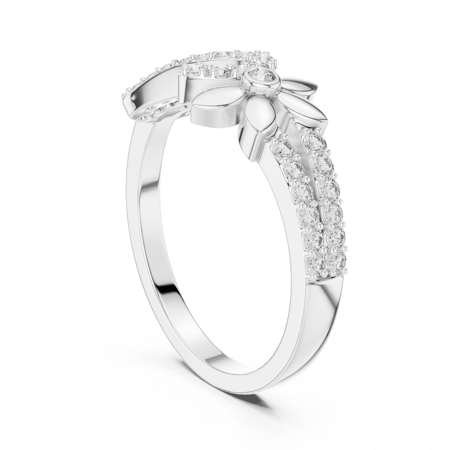 Riora gold infinity flower ring with moissanite diamonds and floral design, minimalist engagement and promise ring.