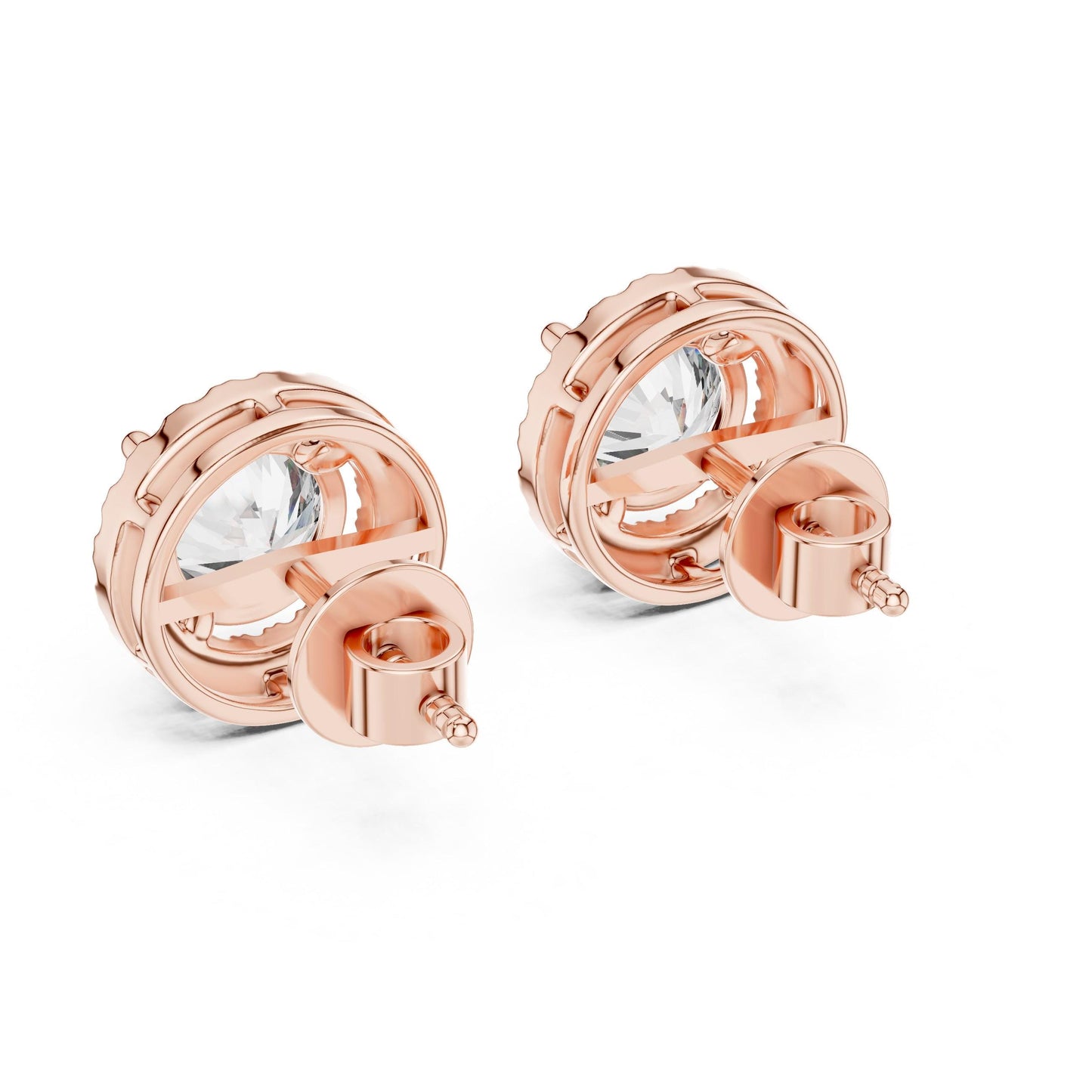 Riora Halo moissanite diamond stud earrings in gold, rose, and silver with a minimalist design, perfect for bridal jewelry or gifts.