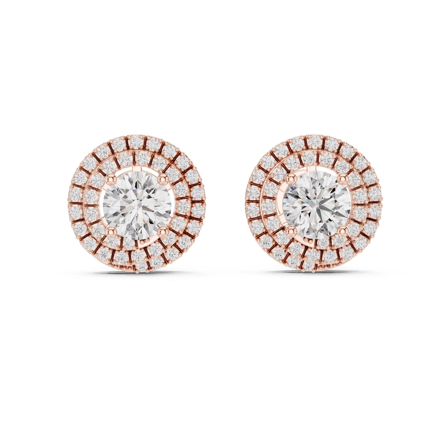 Riora luxury halo moissanite diamond stud earrings featuring round sparkling gemstones on a classic bridal jewelry design
