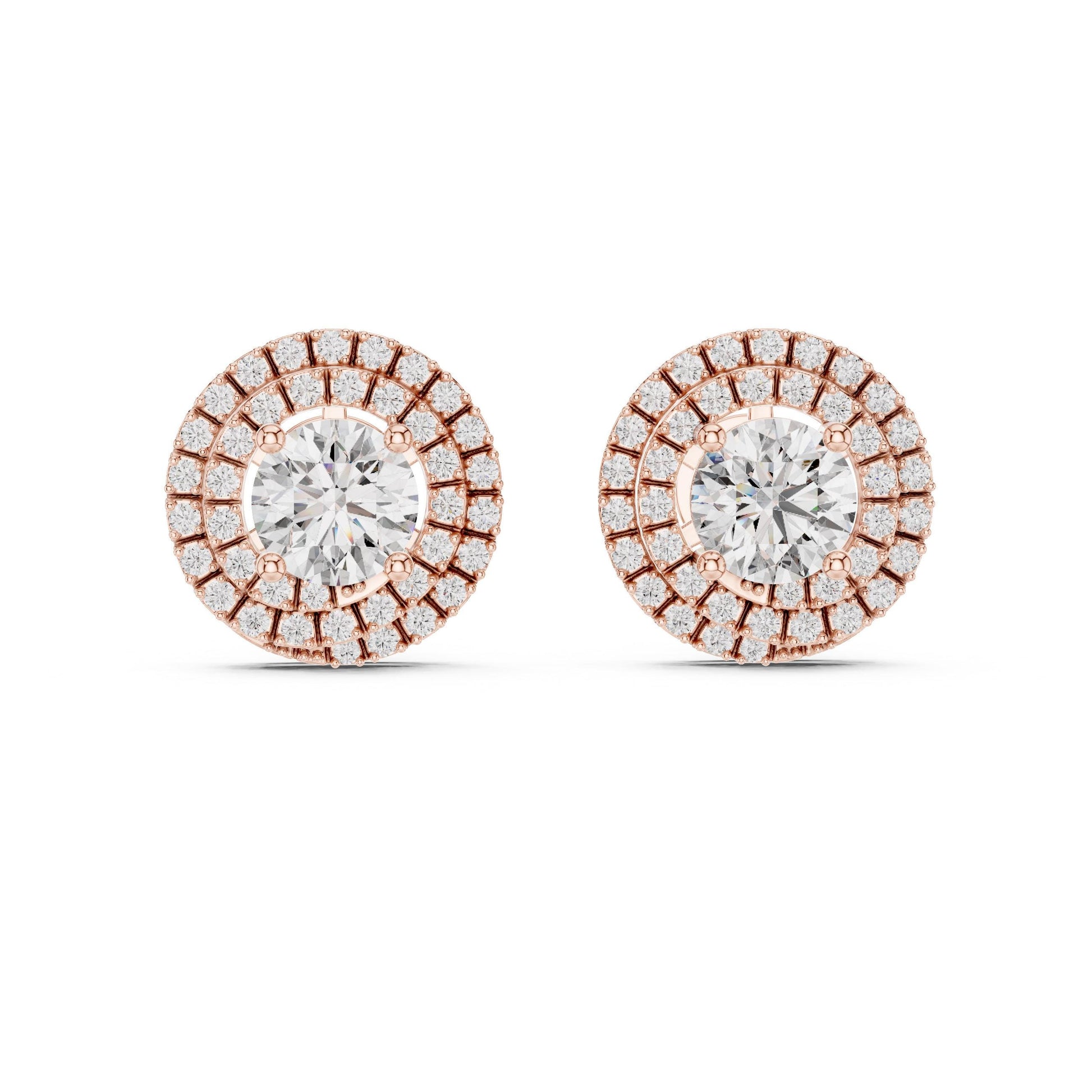 Riora luxury halo moissanite diamond stud earrings featuring round sparkling gemstones on a classic bridal jewelry design