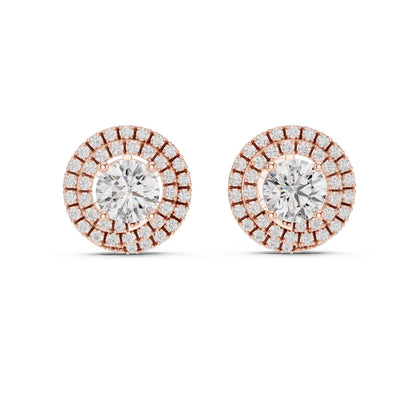 Riora luxury halo moissanite diamond stud earrings featuring round sparkling gemstones on a classic bridal jewelry design