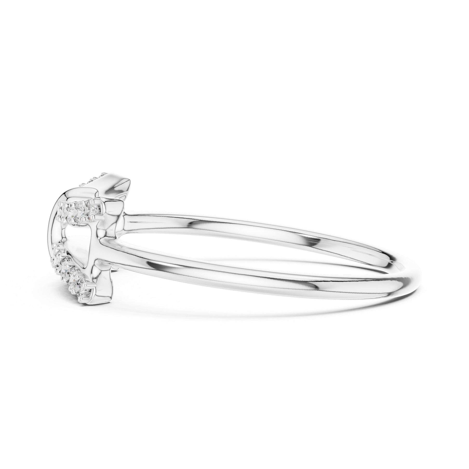 Rose gold moissanite bow ring with split band, minimalist design, dainty wedding and promise jewelry by Riora.