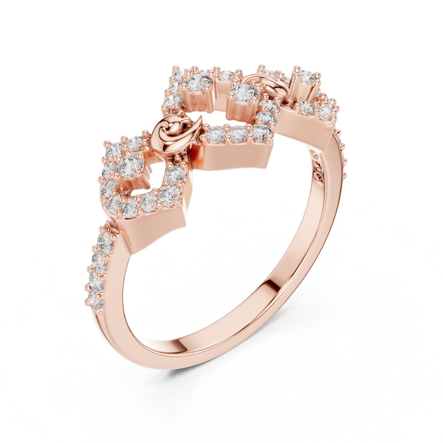 Vintage-inspired moissanite diamond halo rose gold engagement ring with art deco design and bridal promise band by Riora
