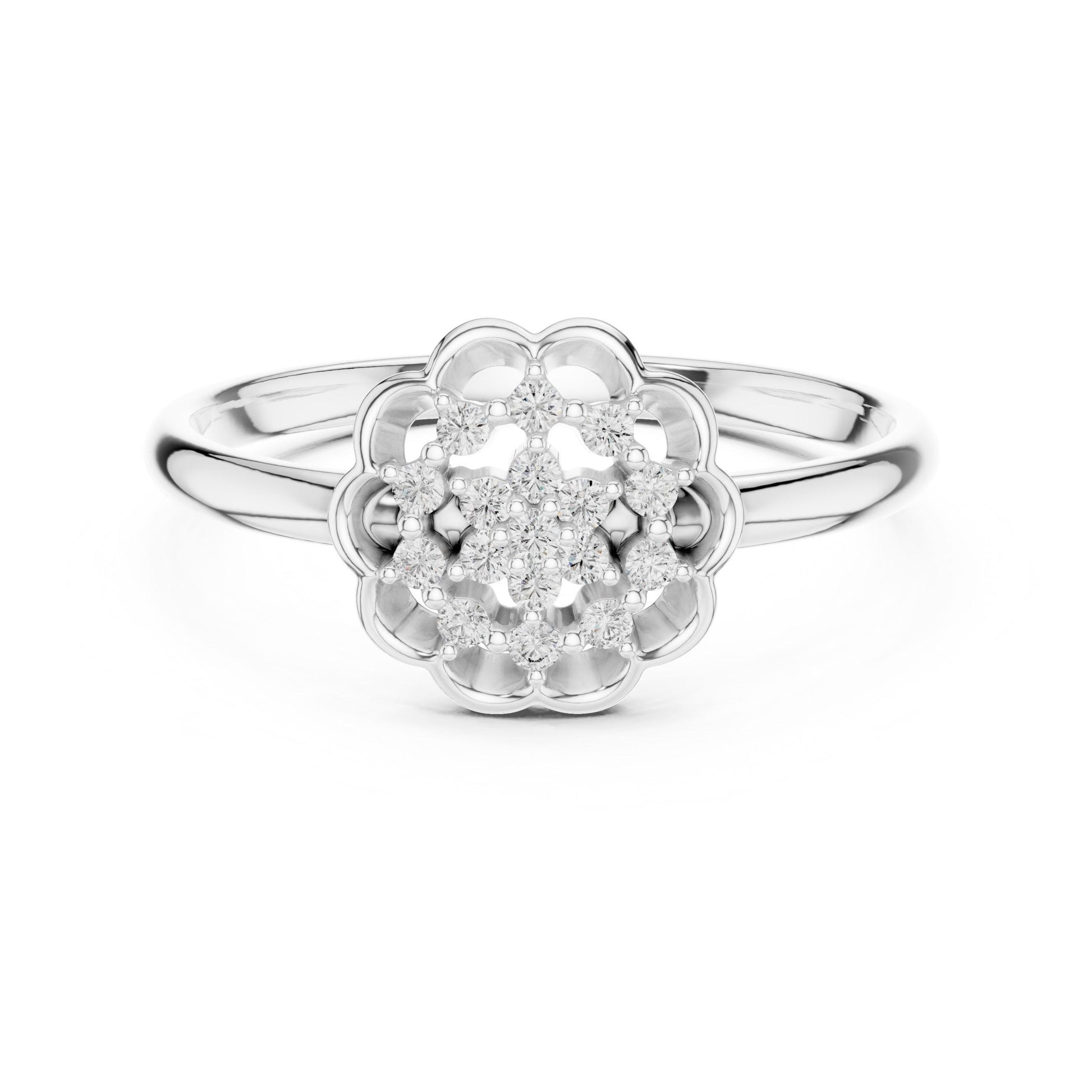 Riora floral halo moissanite diamond engagement ring in gold, vintage rose design with flower details for wedding or promise jewelry.