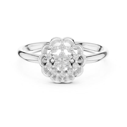 Riora floral halo moissanite diamond engagement ring in gold, vintage rose design with flower details for wedding or promise jewelry.