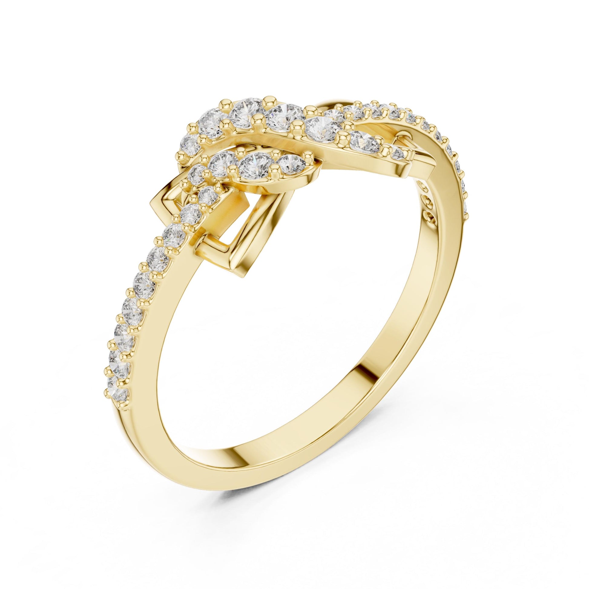 Riora infinity knot moissanite diamond ring in gold and rose gold, minimalist dainty wedding promise band with love motif.