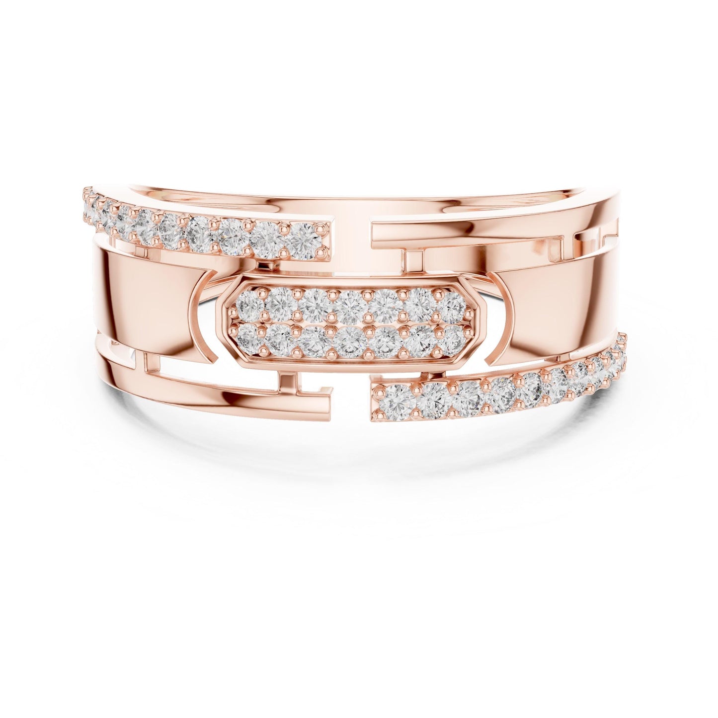 Riora Luxury CZ link band ring in rose gold and silver, hypoallergenic statement jewelry for anniversary or Valentine.