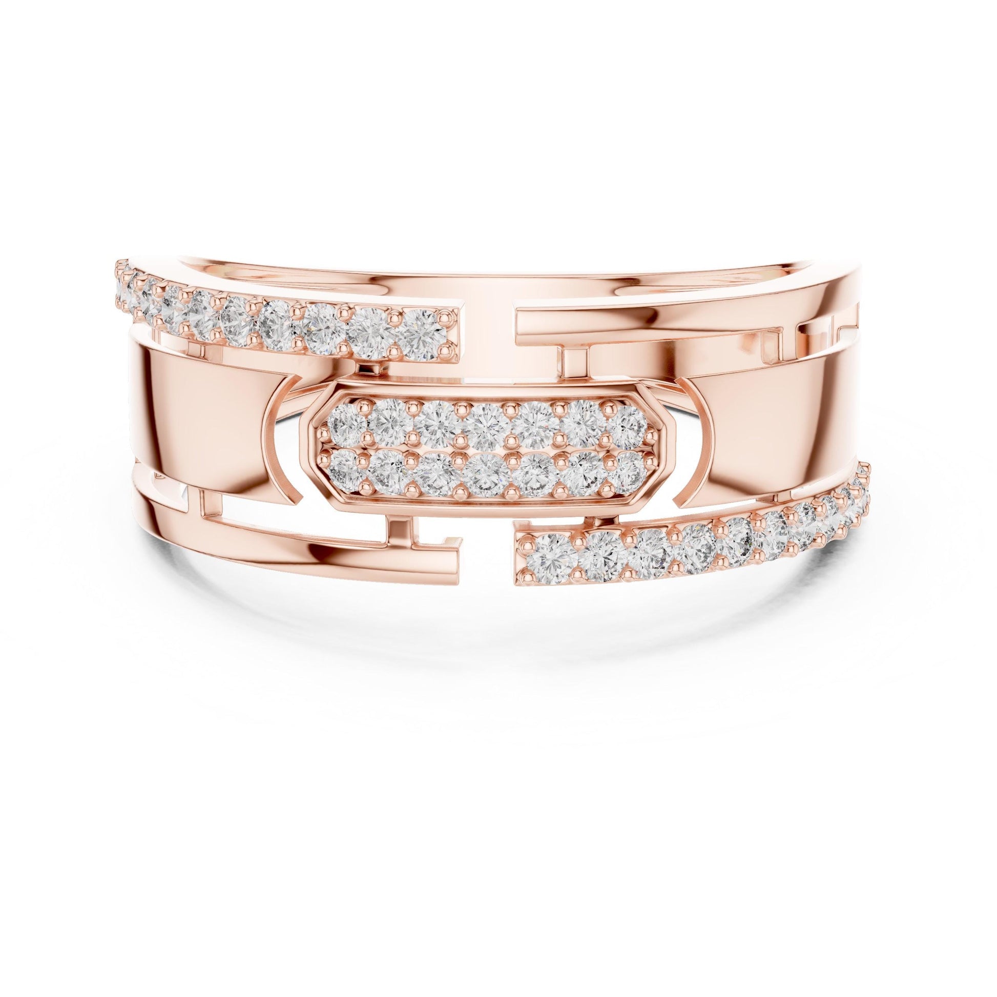 Riora Luxury CZ link band ring in rose gold and silver, hypoallergenic statement jewelry for anniversary or Valentine.