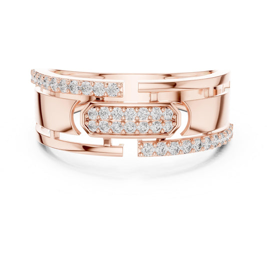 Riora Luxury CZ link band ring in rose gold and silver, hypoallergenic statement jewelry for anniversary or Valentine.