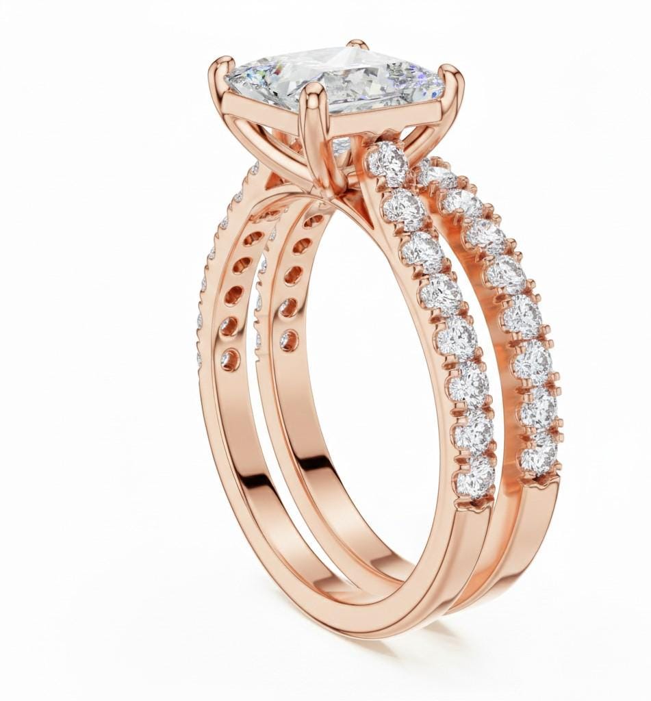 Riora princess cut moissanite diamond engagement ring set with halo and wedding band, elegant bridal jewelry for special occasions